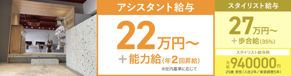 アシスタント給与=基本給22万円+能力給(年2回昇給)