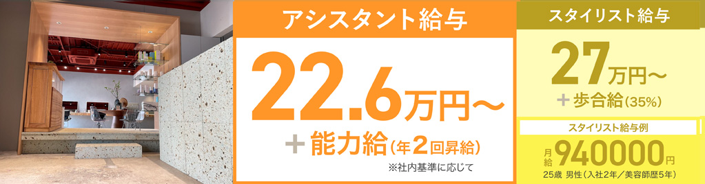 アシスタント給与=基本給22万円＋能力給（年2回昇給）